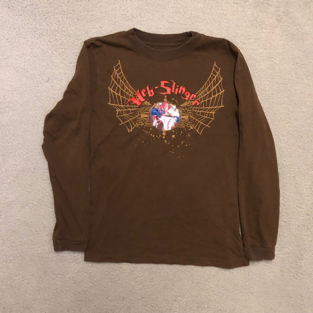 Vtg 2006 Spider-Man 3 Web-Slinger Brown Long Sleeve Shirt Boys L 12/14 Marvel